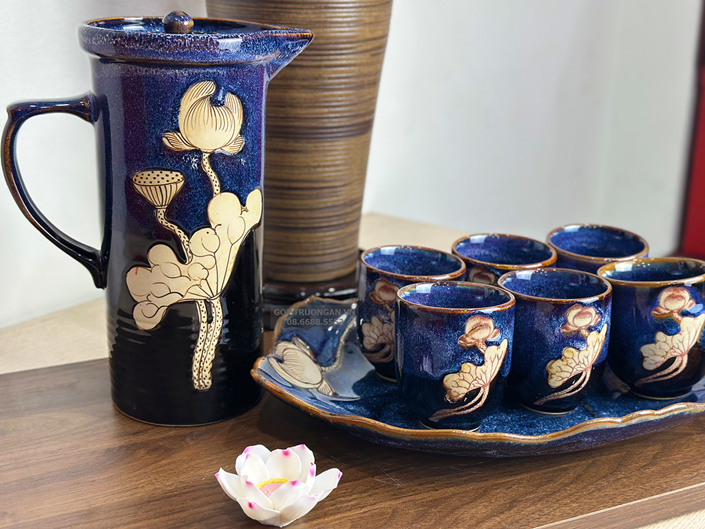 Bộ bình nước men hỏa biến xanh vẽ sen hàng nghệ nhân 1,5L cao cấp Bát Tràng 5